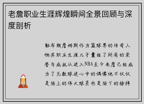 老詹职业生涯辉煌瞬间全景回顾与深度剖析