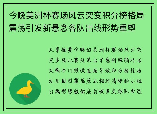 今晚美洲杯赛场风云突变积分榜格局震荡引发新悬念各队出线形势重塑