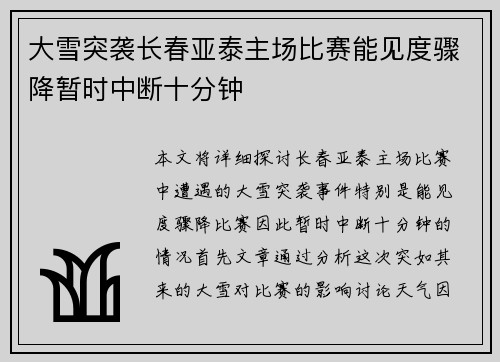 大雪突袭长春亚泰主场比赛能见度骤降暂时中断十分钟 大雪突袭长春亚泰主场比赛能见度骤降暂时中断十分钟